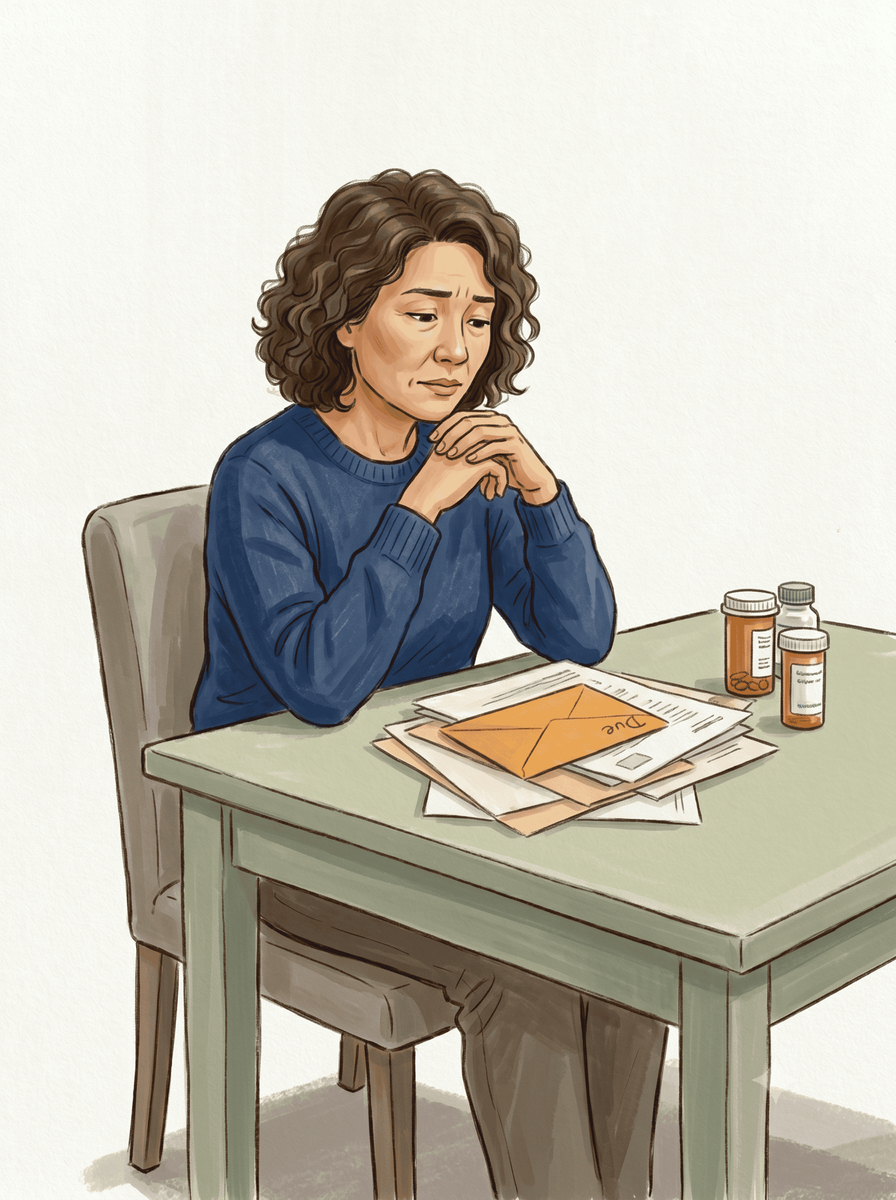 Medical bills and prescription bottles on a table