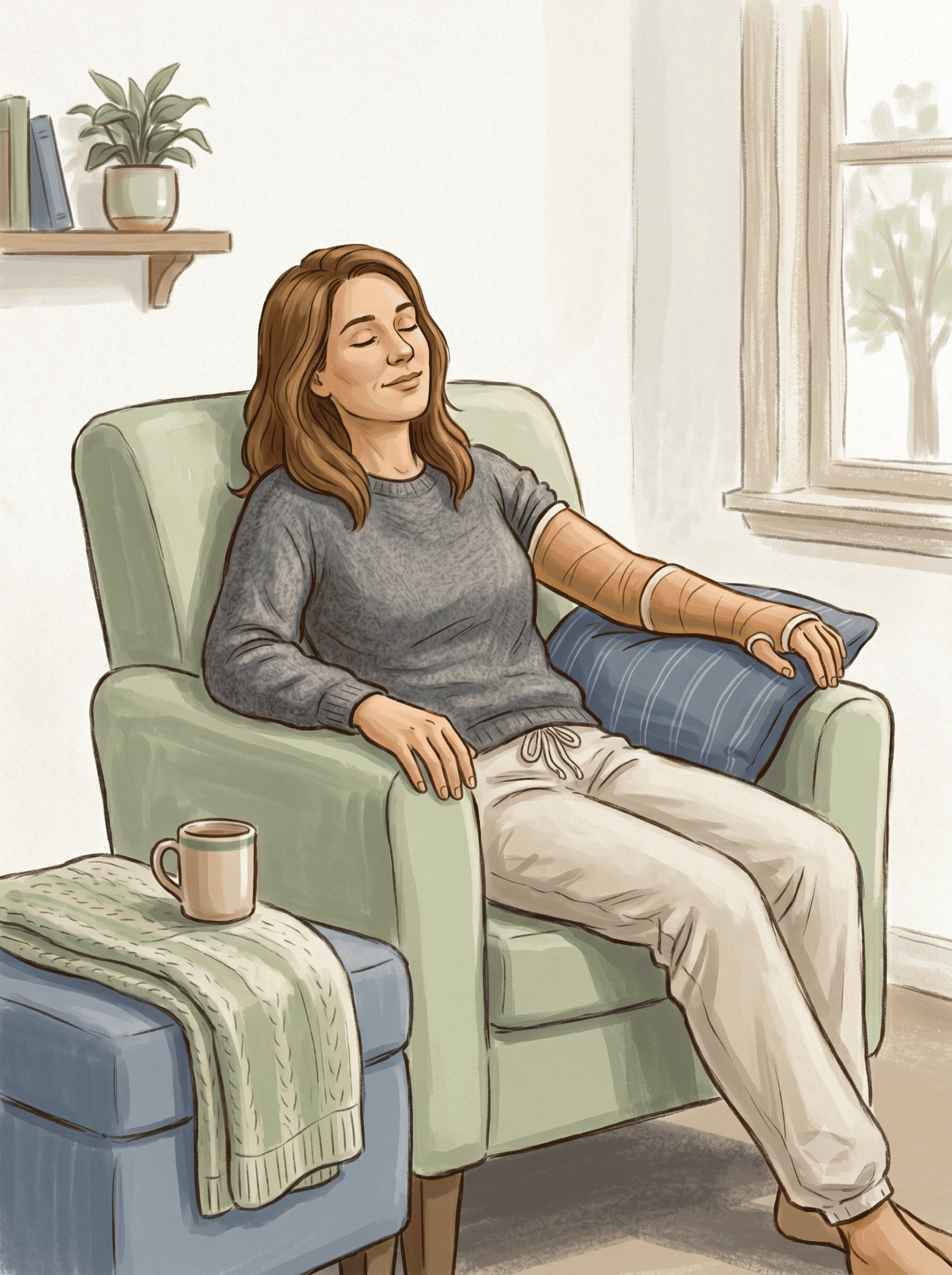 A woman recovering at home in a chair, resting with her arm in a cast